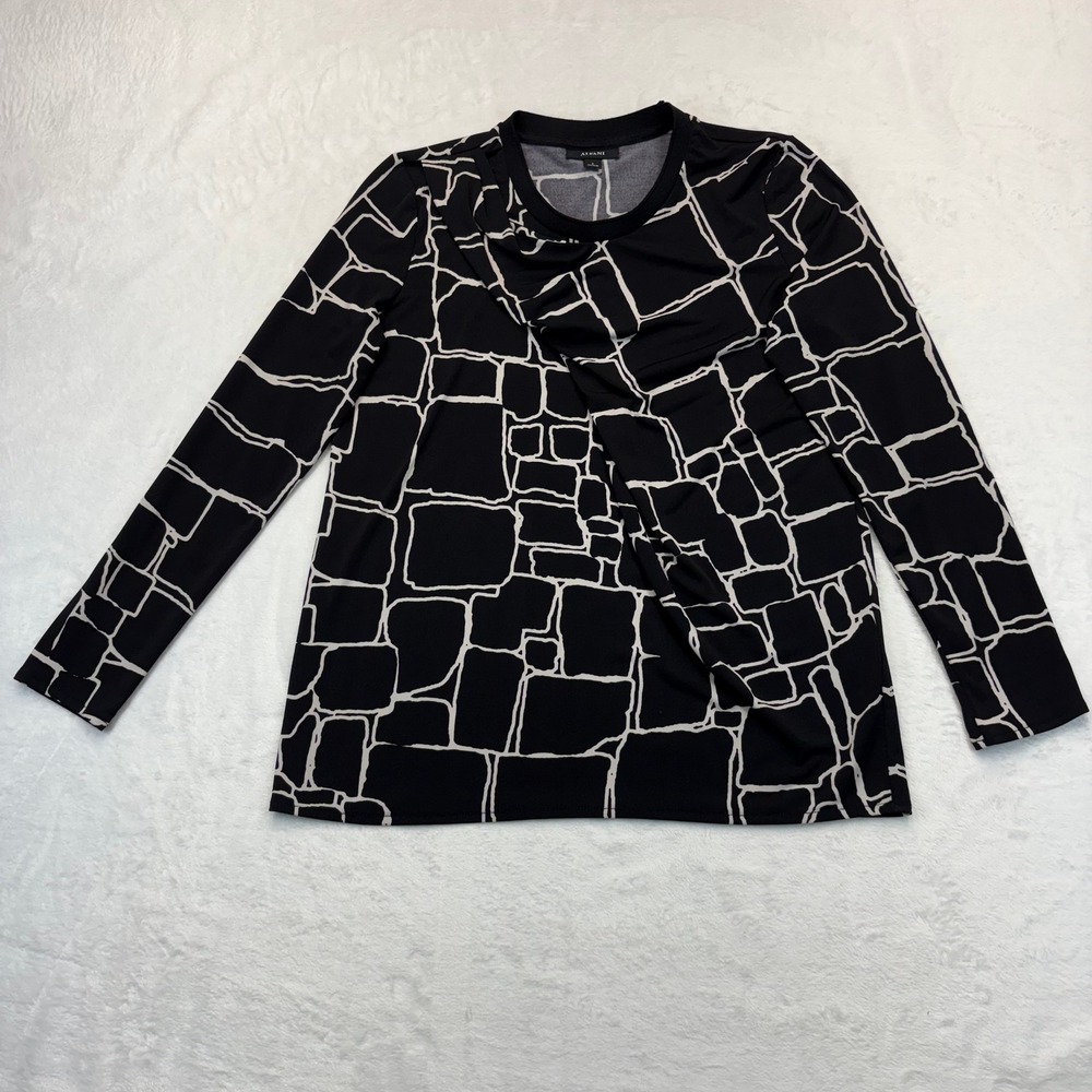 Alfani Womens Black White Geometric Cobble Print Draped Pleated Top Small